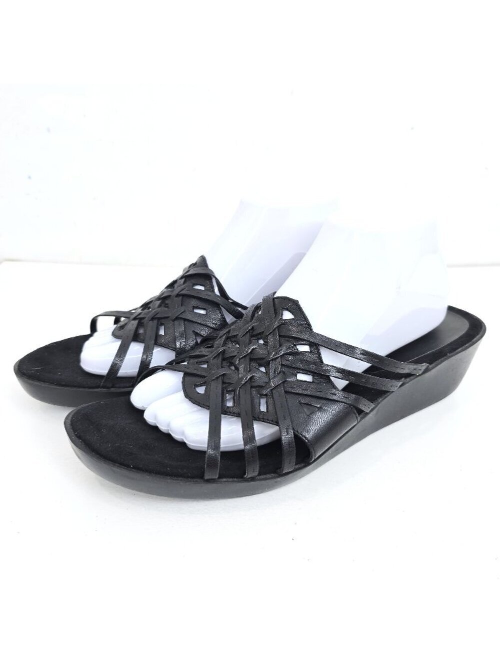 Bass Black Strappy Y2K Leather Comfort Wedge Slip ON Sandals Women Size 11